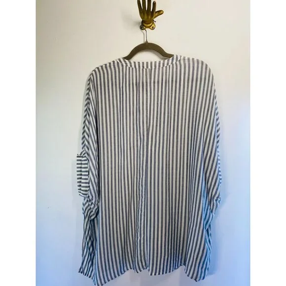 Mustard Seed Blue & White Striped Oversized Blouse With Ruched Sleeves small - Picture 8 of 11